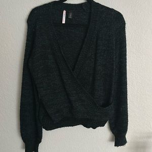 Green and black tethered open front knit crisscross sweater